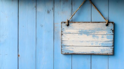 Weathered wooden sign hanging on a blue wooden wall. 