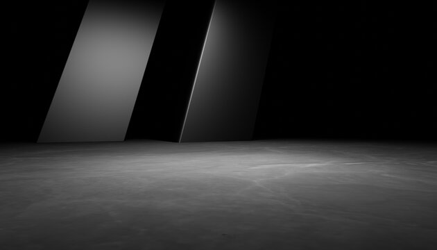 3d rendering of black abstract geometric modern dark room background. Scene for advertising design, showroom, technology, future, modern, sport, game, spaceship, warehouse, garage. Sci Fi Illustration