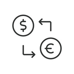 Currency exchange, in line design. Currency exchange, money, finance, conversion, rates, transaction, bank on white background vector. Currency exchange editable stroke icon