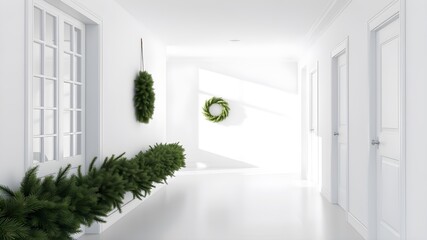 Minimalist Hallway Wall with Hanging Christmas Wreath and Garland