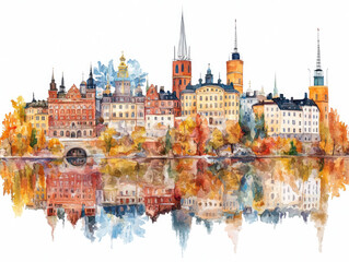 Obraz premium Charming Swedish town with colorful buildings and water reflections