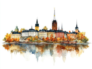 Naklejka premium Charming Swedish town with colorful buildings and water reflections
