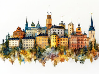 Fototapeta premium Charming Swedish town with colorful buildings and water reflections