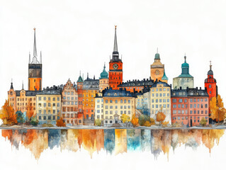 Fototapeta premium Charming Swedish town with colorful buildings and water reflections