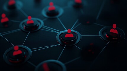 A digital representation of a network, featuring interconnected nodes symbolizing people. The nodes are highlighted in red against a dark background, illustrating a complex web of relationships