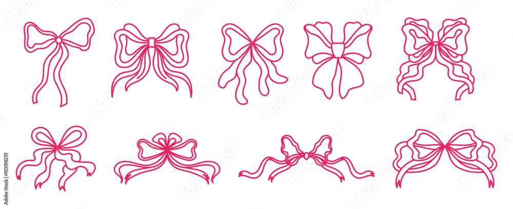 Poster Vector abstract hand-drawn illustration in simple linear minimal style, decorative frames for prints, invitations, cards with bows and ribbons
