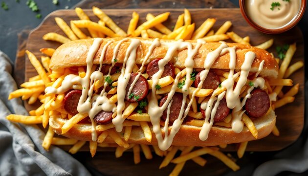 Belgian Mitraillette Sandwich with Sausage, Fries, and Sauce