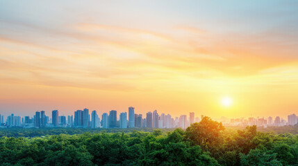Stunning sunset over a city skyline surrounded by lush greenery, creating a beautiful harmony of nature and urban life.