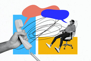 Trend artwork composite sketch image 3D collage of young woman sit office armchair speech cloud talk call hand hold landline phone service