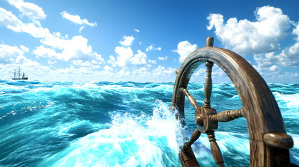 Fototapeta premium Navigating the Boundless Waters: A Sturdy Ship Wheel on a Boat Gliding Over Turquoise Waves