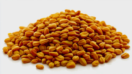 A small pile of dried fenugreek seeds, golden yellow in color, scattered on a white background