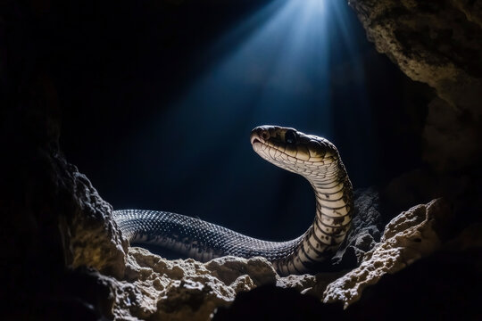 Venomous snake striking out of a dark cave, illuminated by a single ray of light, intense shadows. - Powered by Adobe