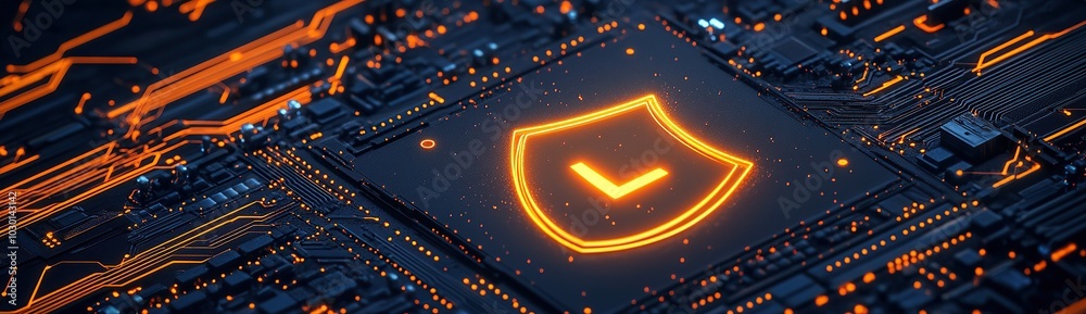 Wall mural a detailed and high-resolution photograph of an illuminated shield symbol on a computer chip