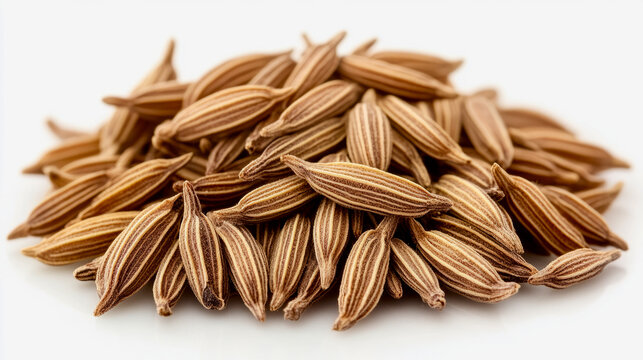A small pile of whole black cumin seeds with their rough, irregular shape, arranged on a white background