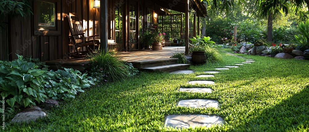 Wall mural charming outdoor path leading to a cozy wooden house surrounded by lush greenery.