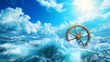Navigating the Boundless Waters: A Sturdy Ship Wheel on a Boat Gliding Over Turquoise Waves