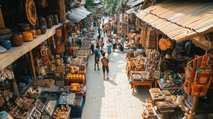 A bustling marketplace with vibrant colors and diverse goods on display. Shoppers browse the stalls, creating a lively atmosphere.