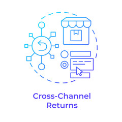 Cross-channel returns blue gradient concept icon. Reverse logistics strategy. Ecommerce. Digital interface. Round shape line illustration. Abstract idea. Graphic design. Easy to use in article