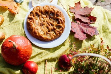 A delightful autumn picnic is set up with a round pastry centerpiece, surrounded by vibrant fall leaves, pumpkins, and apples on a soft, sunlit blanket