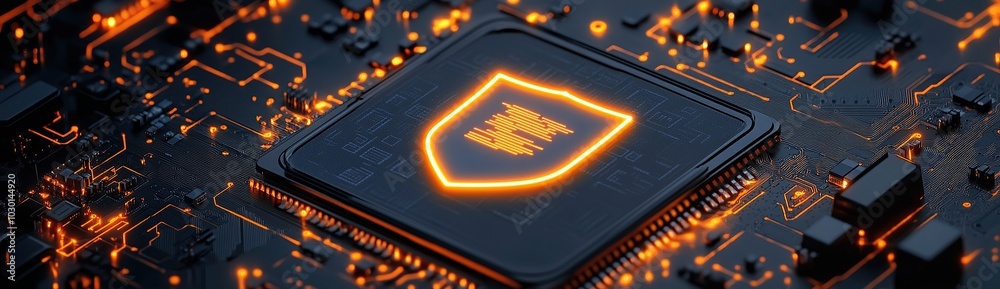 Wall mural a detailed and high-resolution photograph of an illuminated shield symbol on a computer chip