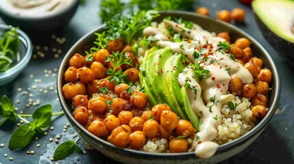 Delicious Quinoa Bowl with Chickpeas, Avocado, and Tahini Dressing