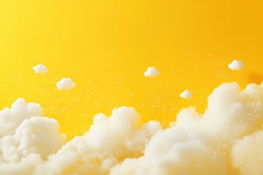 Bright yellow background with soft white clouds drifting peacefully in the sunny sky