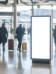 Vertical lightbox display mockup, people walking past with suitcases. Advertising banner standing at the airport. Travel and air transportation advertising template