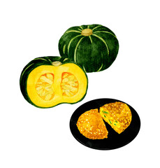 かぼちゃコロッケとかぼちゃのセット　料理・食べ物の手描き水彩イラスト素材
