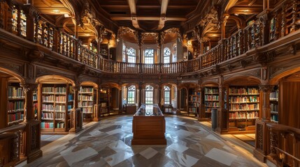 Library with grand architecture, luxurious and nostalgic interior of a royal library