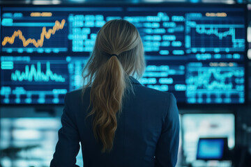 Businesswoman analyzing stock market data on large display screens