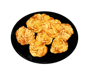 皿に乗ったからあげ　料理・食べ物の手描き水彩イラスト素材