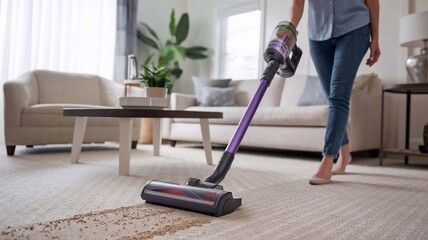 Woman is vacuuming the carpet in her living room, using a cordless vacuum cleaner for easy maneuverability