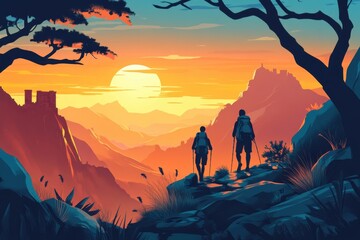 Naklejka premium Minimalistic hikers at sunset in mountain landscape for adventure theme