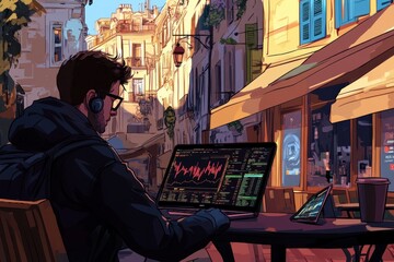 Trader working on financial market analysis at outdoor café in European city