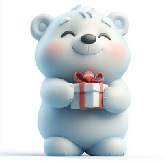 Fototapeta premium Cute 3D Polar Bear Holding a Gift Celebrating Christmas and New Year on White Background