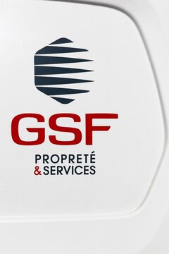 Belleville, France - September 29, 2024: GSF logo on a vehicle. GSF Proprete and Services is a main actor in the cleaning and associated services sector in France	