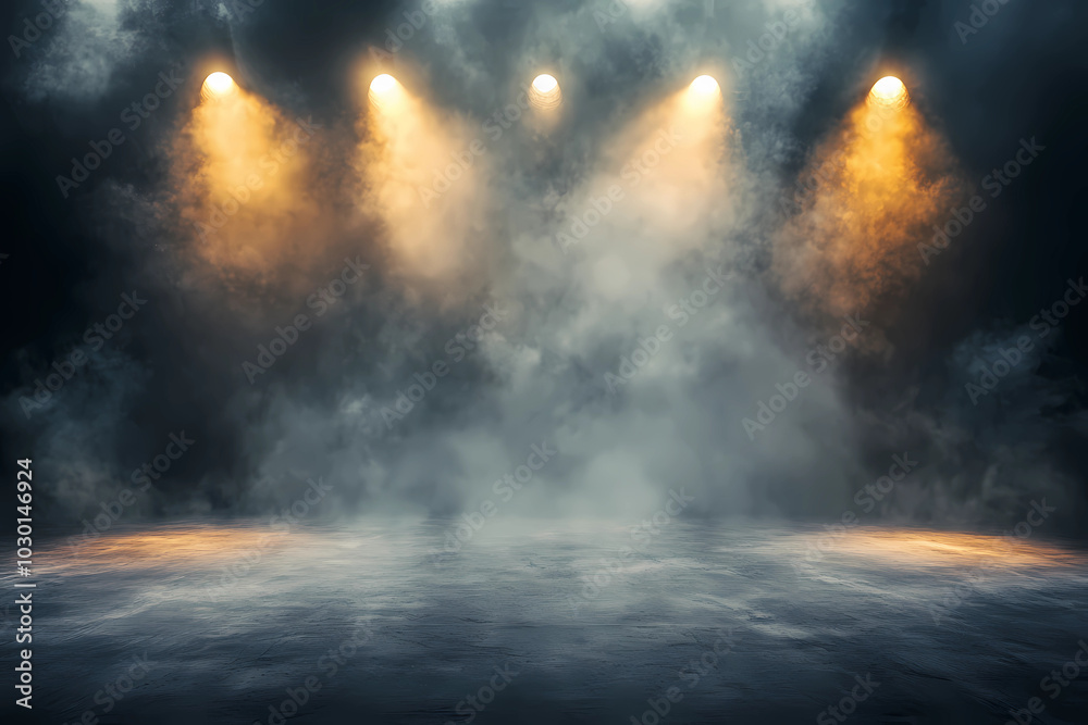 Wall mural empty concert stage with illuminated spotlights and smoke. stage background with copy space