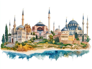 Fototapeta premium Grand Turkish mosque with minarets and water reflections