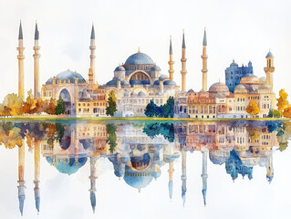 Naklejka premium Grand Turkish mosque with minarets and water reflections
