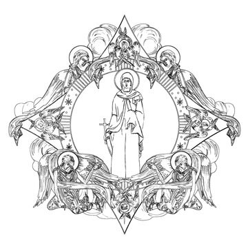 saint surrounded by angels, monochrome artwork clip art preview