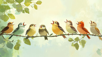 Adorable illustration of singing chirping birds on branches colorful cute birds and branches with leaves cheerful happy rejoicing fauna symphony birdsong outdoors green background with copy space.