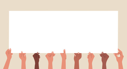 Diverse multiracial hands holding long blank banner. Hand drawn vector illustration isolated on light background. Flat cartoon style.
