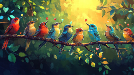 Adorable illustration of singing chirping birds on branches colorful cute birds and branches with leaves cheerful happy rejoicing fauna symphony birdsong outdoors green background with copy space.