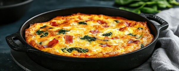 Delicious low carb, high protein keto frittata with bacon, spinach, and cheese for a healthy meal option.