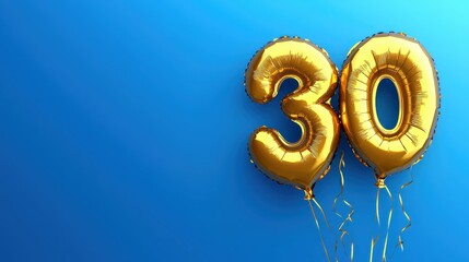 A blue background featuring large golden balloon numbers "30" surrounded by confetti, symbolizing a 30th birthday or anniversary celebration. Perfect for concepts of milestone events and celebrations