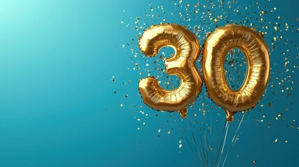 A blue background featuring large golden balloon numbers "30" surrounded by confetti, symbolizing a 30th birthday or anniversary celebration. Perfect for concepts of milestone events and celebrations