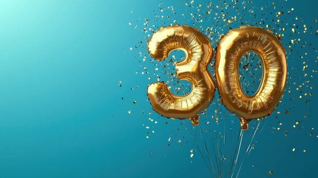 A blue background featuring large golden balloon numbers "30" surrounded by confetti, symbolizing a 30th birthday or anniversary celebration. Perfect for concepts of milestone events and celebrations