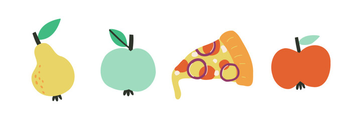 Set with fruits and pizza in flat style. Useful and harmful food. Hand drawn vector illustration.