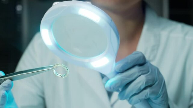Close up view of gloved hands of female forensic scientist or jewelry appraiser holding gemstone ring with tweezers and inspecting it under illuminated magnifier in laboratory