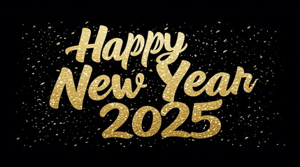 "Happy New Year 2025" text in sparkling gold cursive on a black background. Scattered gold glitter particles, festive, glamour. New Year, celebration, card, poster, event, party, festive background.